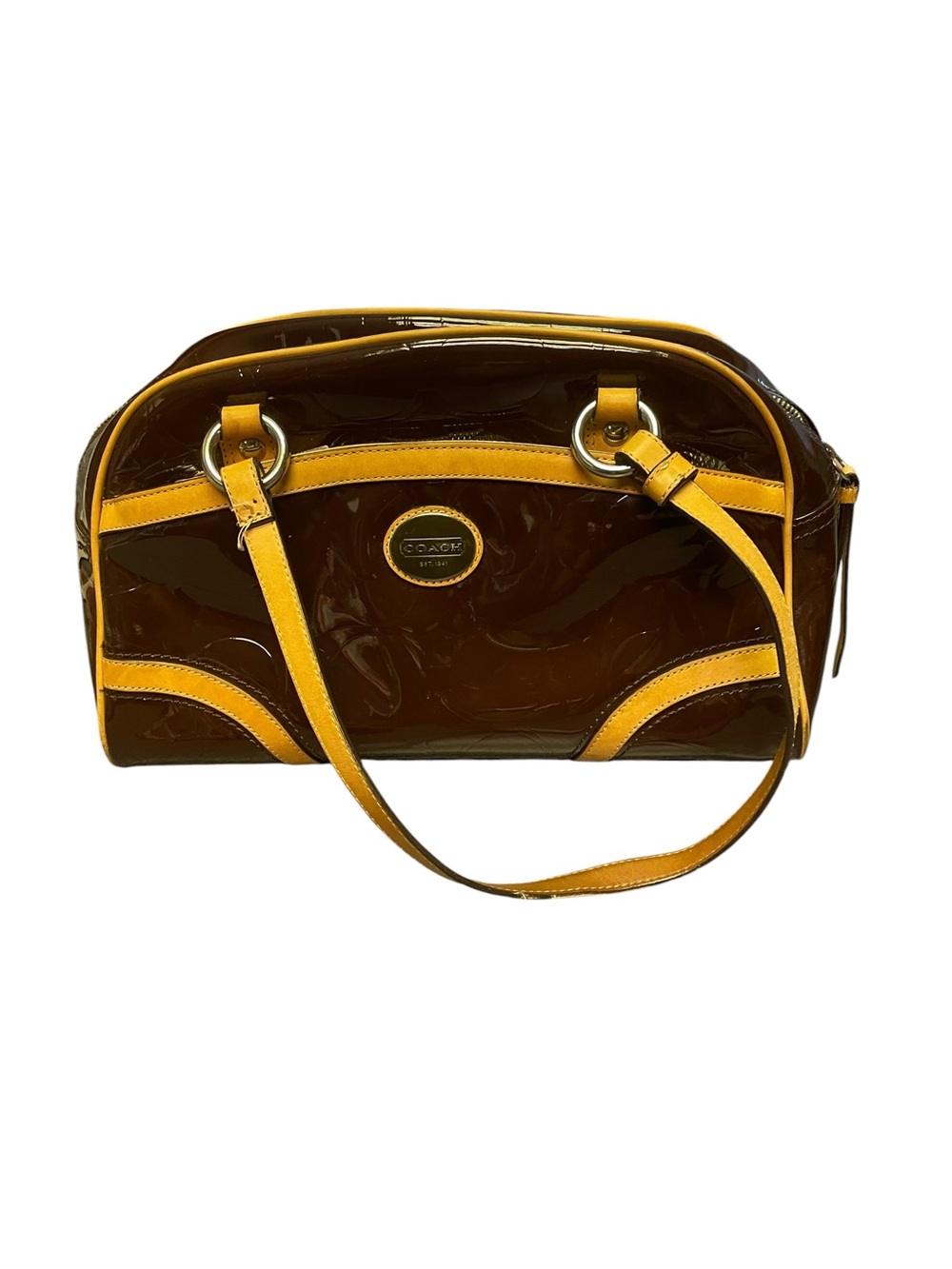 Coach Brown Patent Leather Shoulder Bag with Yellow Trim